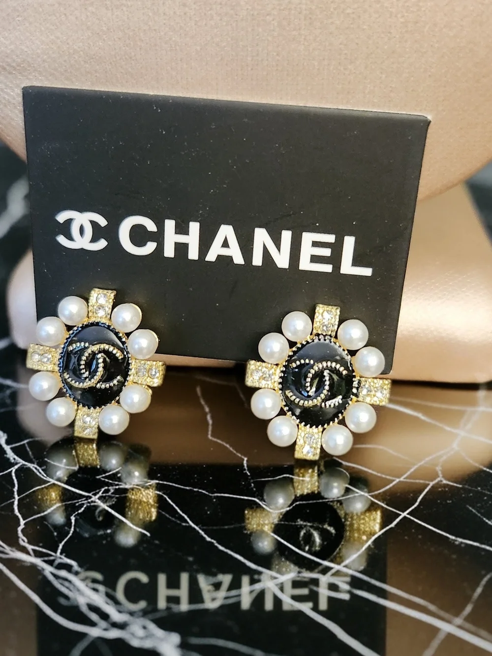 CHANEL Enamel Earrings In Goldtone With Pave' Crystals And Pearls